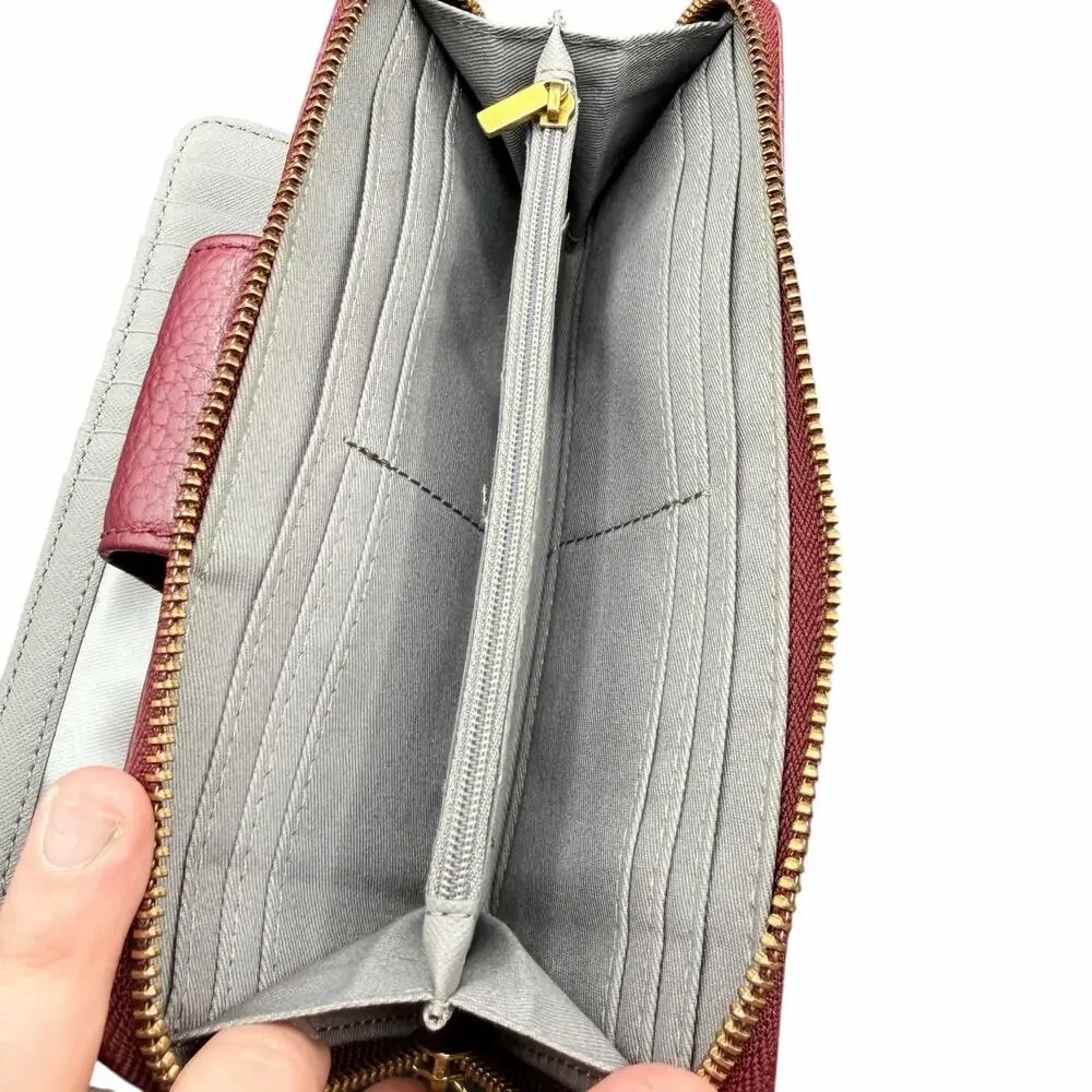 Fossil Leather Zip Around Wristlet Wallet Burgundy RFID